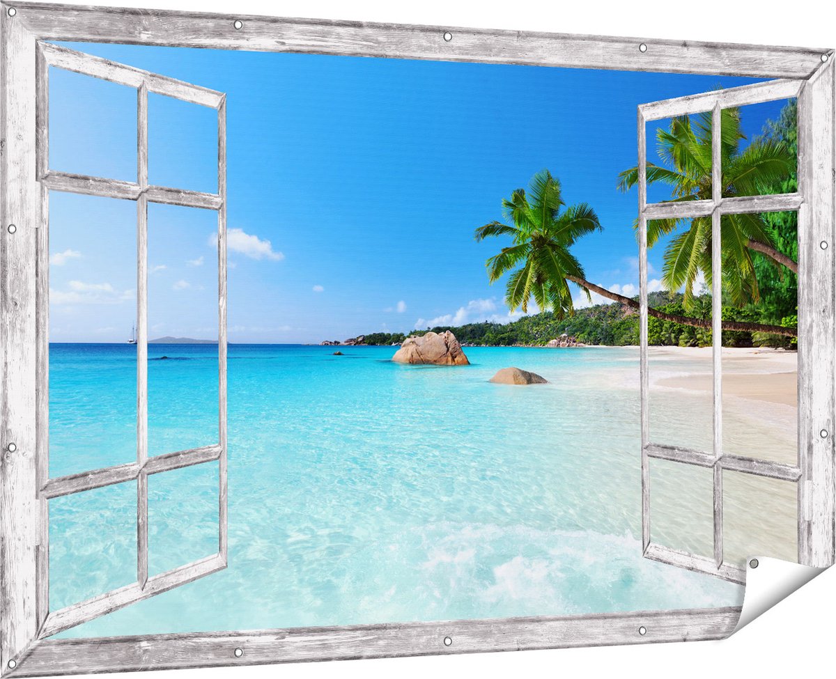 Gards Tuinposter Doorkijk Tropisch Strand en Zee - 180x120 cm - Tuindoek - Tuindecoratie - Wanddecoratie buiten - Tuinschilderij Multikleur
