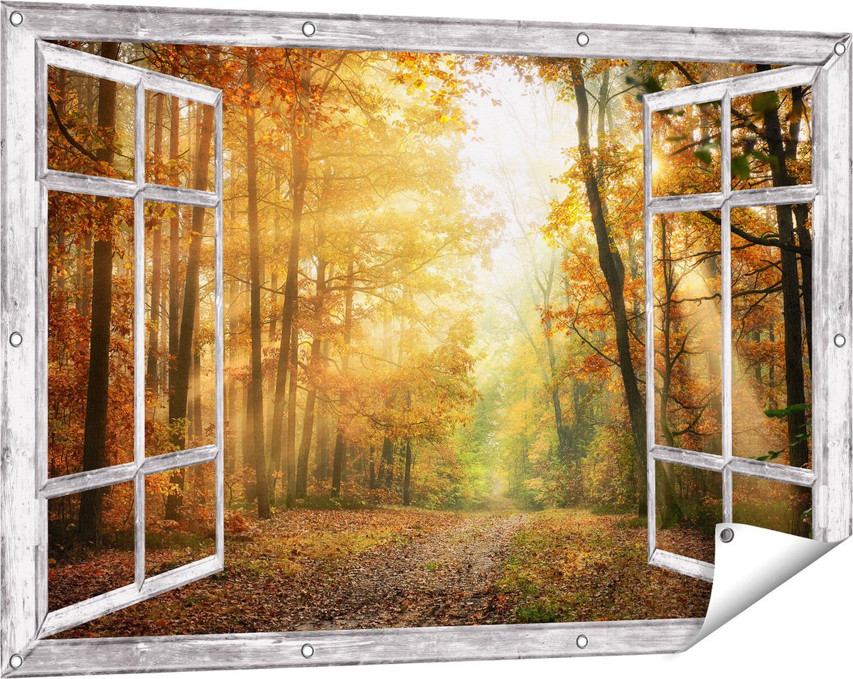 Gards Tuinposter Doorkijk Herfstbos met Zonneschijn - 120x80 cm - Tuindoek - Tuindecoratie - Wanddecoratie buiten - Tuinschilderij Grijs