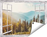 Gards Tuinposter Doorkijk Bos met Bomen in de Hoge Bergen - 60x40 cm - Tuindoek - Tuindecoratie - Wanddecoratie buiten - Tuinschilderij