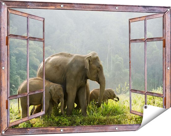 Gards Tuinposter Doorkijk Olifanten Familie in de Jungle - Olifant - 120x80 cm - Tuindoek - Tuindecoratie - Wanddecoratie buiten - Tuinschilderij