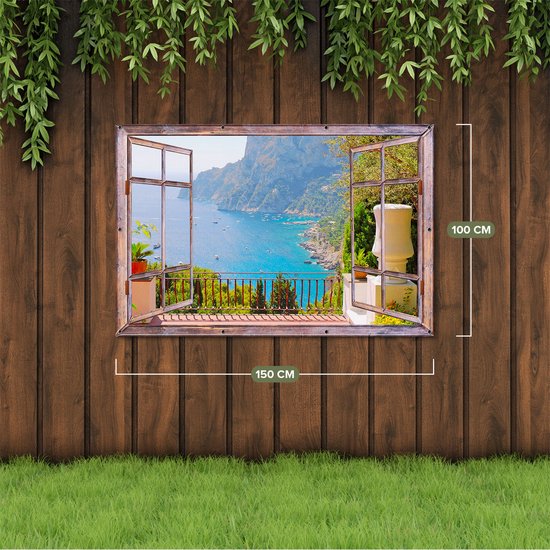 Gards Affiche jardin Vue transparente depuis la terrasse sur Montagnes - 150x100 cm - Toile jardin - Décoration de jardin - Décoration murale extérieur - Tableau jardin