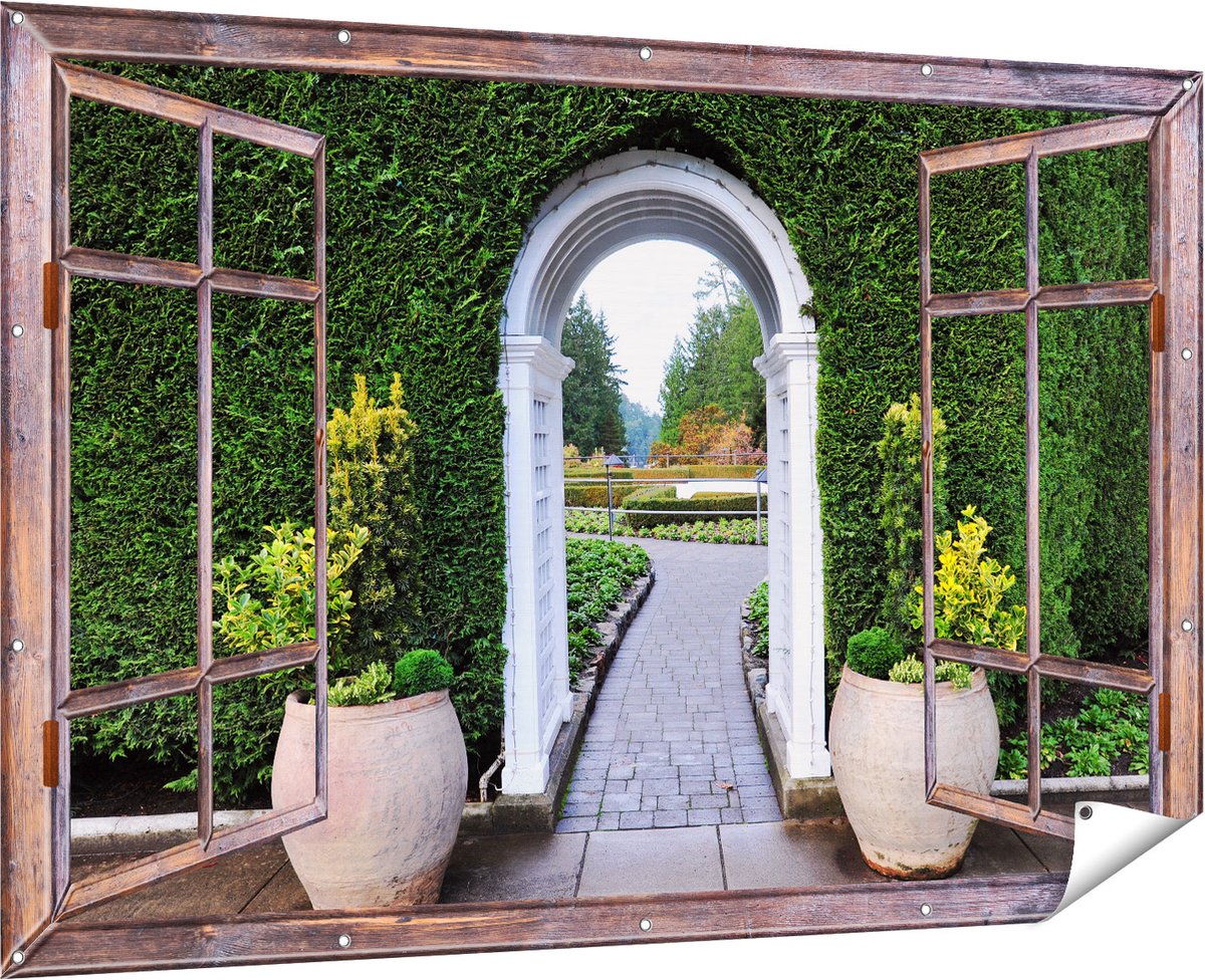 Gards Tuinposter Doorkijk Doorkijk met Potten - 180x120 cm - Tuindoek - Tuindecoratie - Wanddecoratie buiten - Tuinschilderij Multikleur