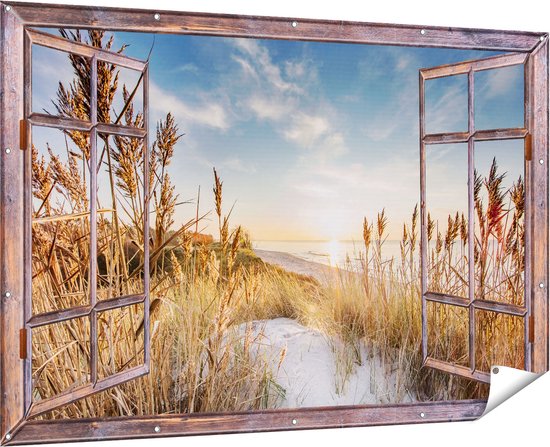 Gards Tuinposter Doorkijk Strand en Zee vanuit Duinen met Zonsondergang - 180x120 cm - Tuindoek - Tuindecoratie - Wanddecoratie buiten - Tuinschilderij