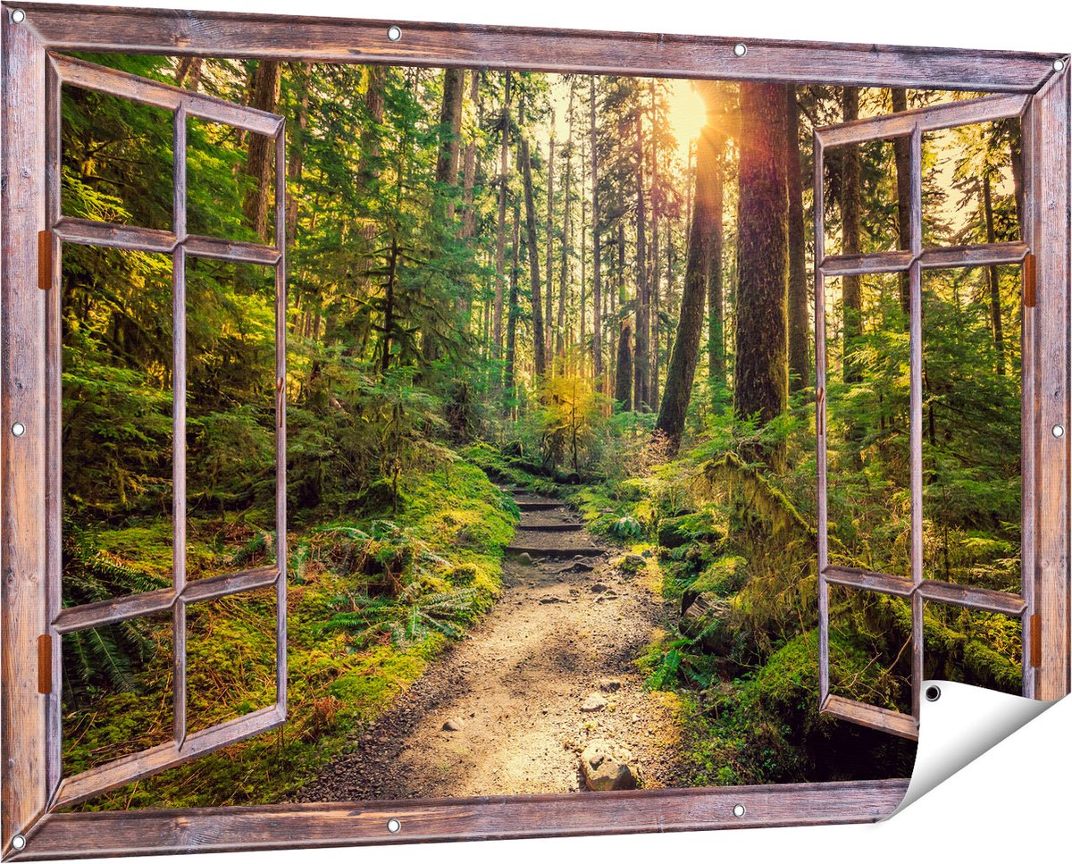 Gards Tuinposter Doorkijk Voetpad in het Bos - 150x100 cm - Tuindoek - Tuindecoratie - Wanddecoratie buiten - Tuinschilderij Bruin