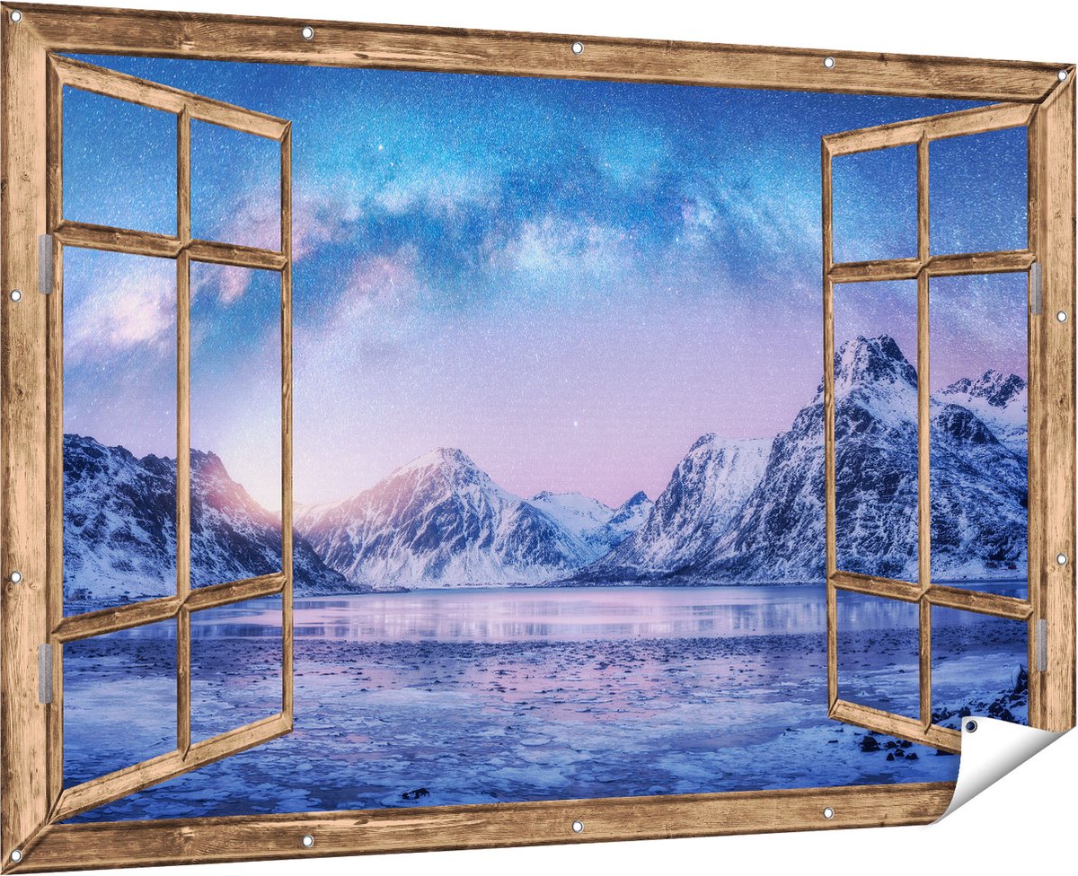 Gards Tuinposter Doorkijk Melkweg bij de Besneeuwde bergen - 180x120 cm - Tuindoek - Tuindecoratie - Wanddecoratie buiten - Tuinschilderij Multikleur