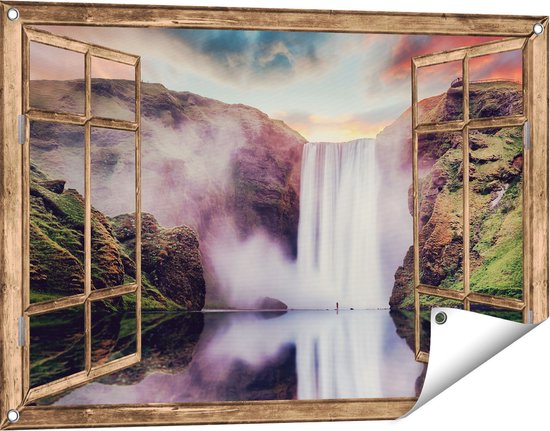 Gards Tuinposter Doorkijk Waterval met een Weerspiegeling in het Water - 90x60 cm - Tuindoek - Tuindecoratie - Wanddecoratie buiten - Tuinschilderij