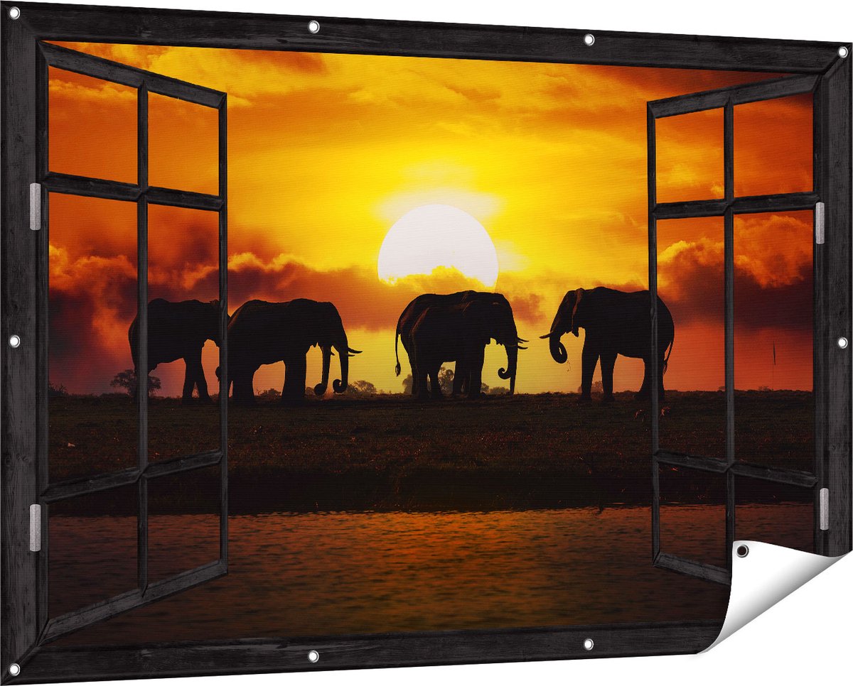 Gards Tuinposter Doorkijk Silhouet Olifanten tijdens Zonsondergang - 150x100 cm - Tuindoek - Tuindecoratie - Wanddecoratie buiten - Tuinschilderij Zwart