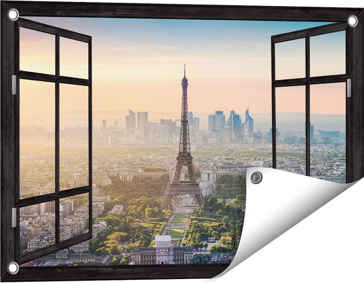 Gards Tuinposter Doorkijk Skyline van Parijs met de Eiffeltoren - 60x40 cm - Tuindoek - Tuindecoratie - Wanddecoratie buiten - Tuinschilderij Zwart