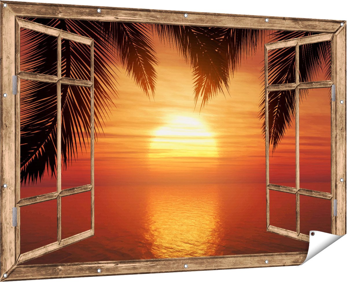 Gards Tuinposter Kosmos Bloemenveld met een Opkomende Zon - 90x60 cm - Tuindoek - Tuindecoratie - Wanddecoratie buiten - Tuinschilderij Multikleur