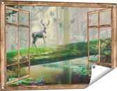 Gards Tuinposter Doorkijk Hert in het Bos op een Boom - 90x60 cm - Tuindoek - Tuindecoratie - Wanddecoratie buiten - Tuinschilderij