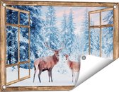 Gards Tuinposter Doorkijk Twee Herten in het Bos met Sneeuw - 60x40 cm - Tuindoek - Tuindecoratie - Wanddecoratie buiten - Tuinschilderij