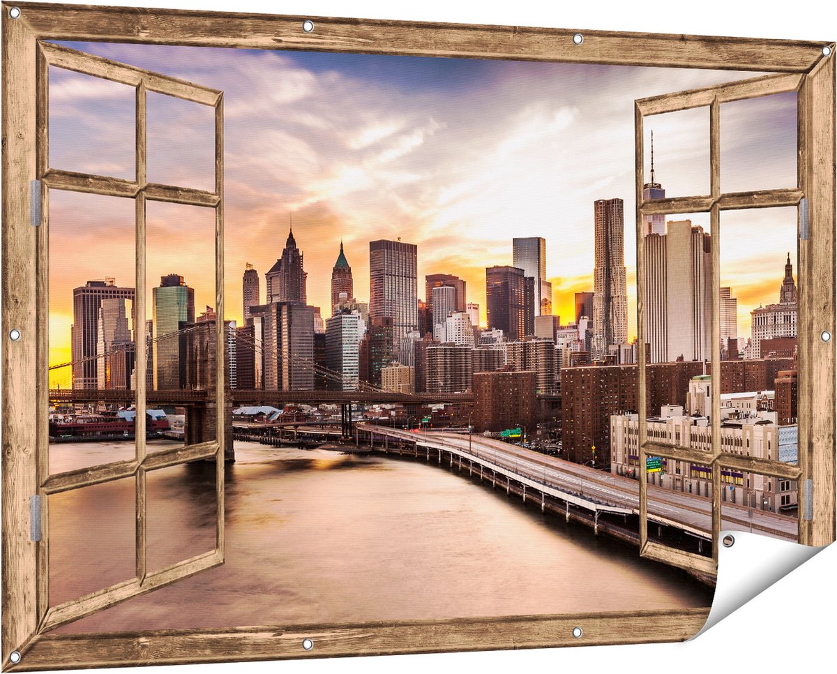 Gards Tuinposter Doorkijk Brooklyn Bridge Brug in New York - 150x100 cm - Tuindoek - Tuindecoratie - Wanddecoratie buiten - Tuinschilderij Licht bruin