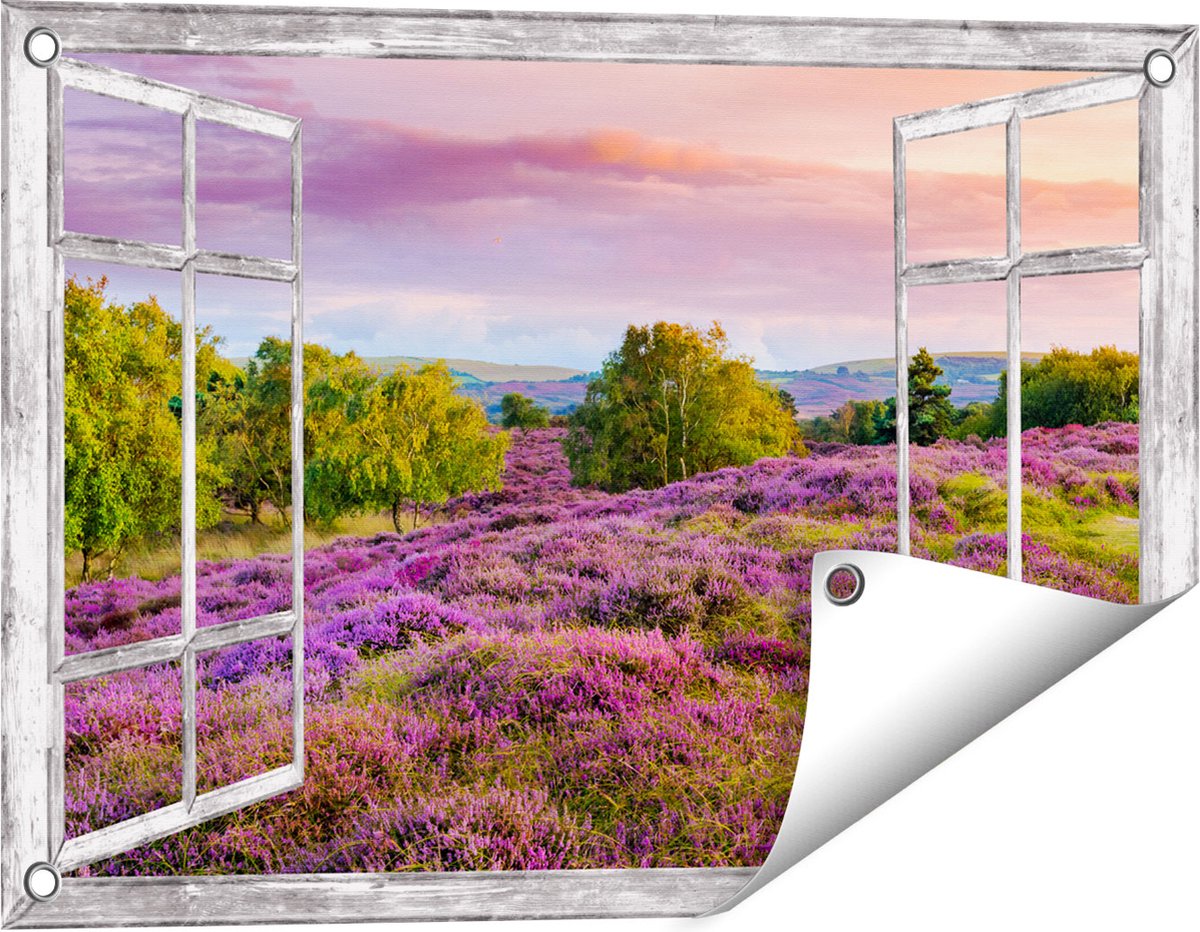 Gards Tuinposter Doorkijk Paarse Weide - 60x40 cm - Tuindoek - Tuindecoratie - Wanddecoratie buiten - Tuinschilderij Grijs