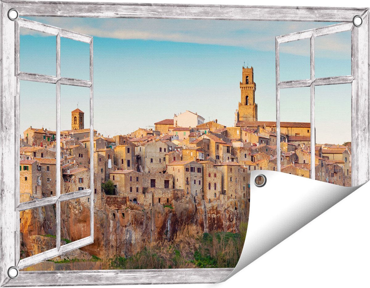 Gards Tuinposter Doorkijk Oude Stad in Toscane, Italië - 60x40 cm - Tuindoek - Tuindecoratie - Wanddecoratie buiten - Tuinschilderij Grijs