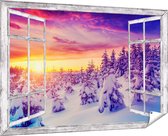 Gards Tuinposter Doorkijk Zonsondergang in het Sneeuw Bos - 180x120 cm - Tuindoek - Tuindecoratie - Wanddecoratie buiten - Tuinschilderij