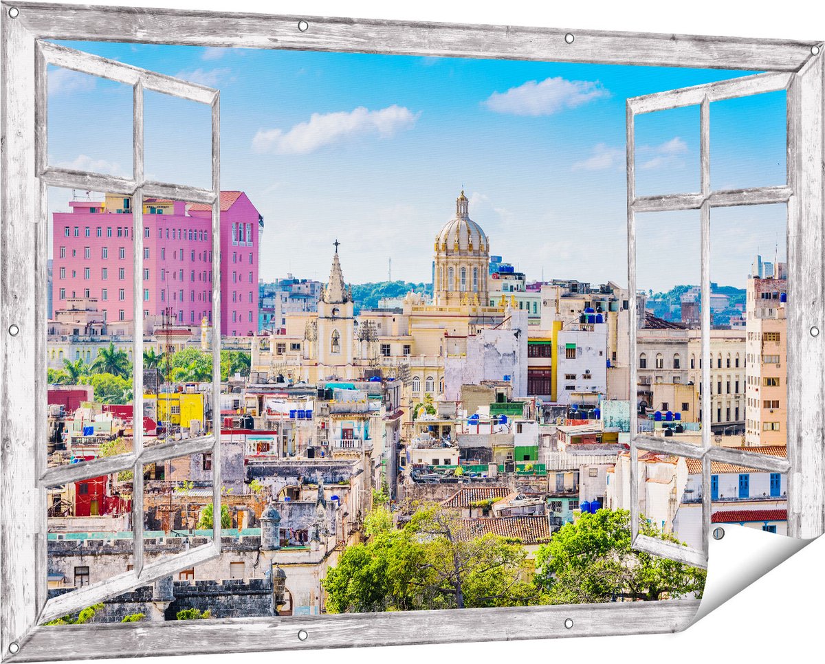 Gards Tuinposter Doorkijk Havana Stad in Cuba - 150x100 cm - Tuindoek - Tuindecoratie - Wanddecoratie buiten - Tuinschilderij Grijs