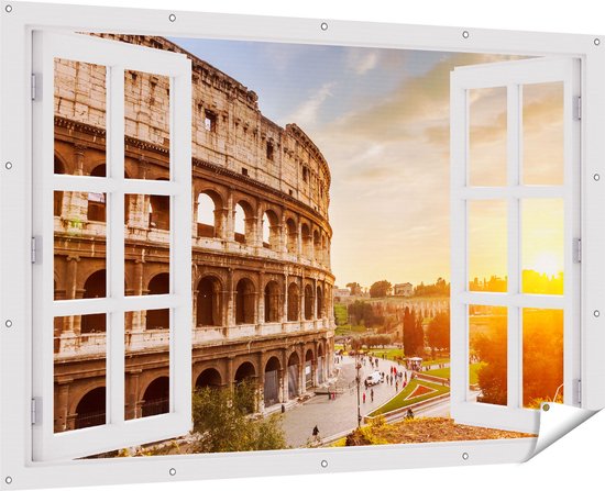 Foto: Gards tuinposter doorkijk colosseum bij zonsondergang in ital e 180x120 cm tuindoek tuindecoratie wanddecoratie buiten tuinschilderij