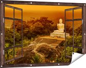 Gards Affiche de jardin Image transparente de Bouddha dans un temple dans la forêt - 120x80 cm - Toile de jardin - Décoration de jardin - Décoration murale extérieur - Tableau de jardin