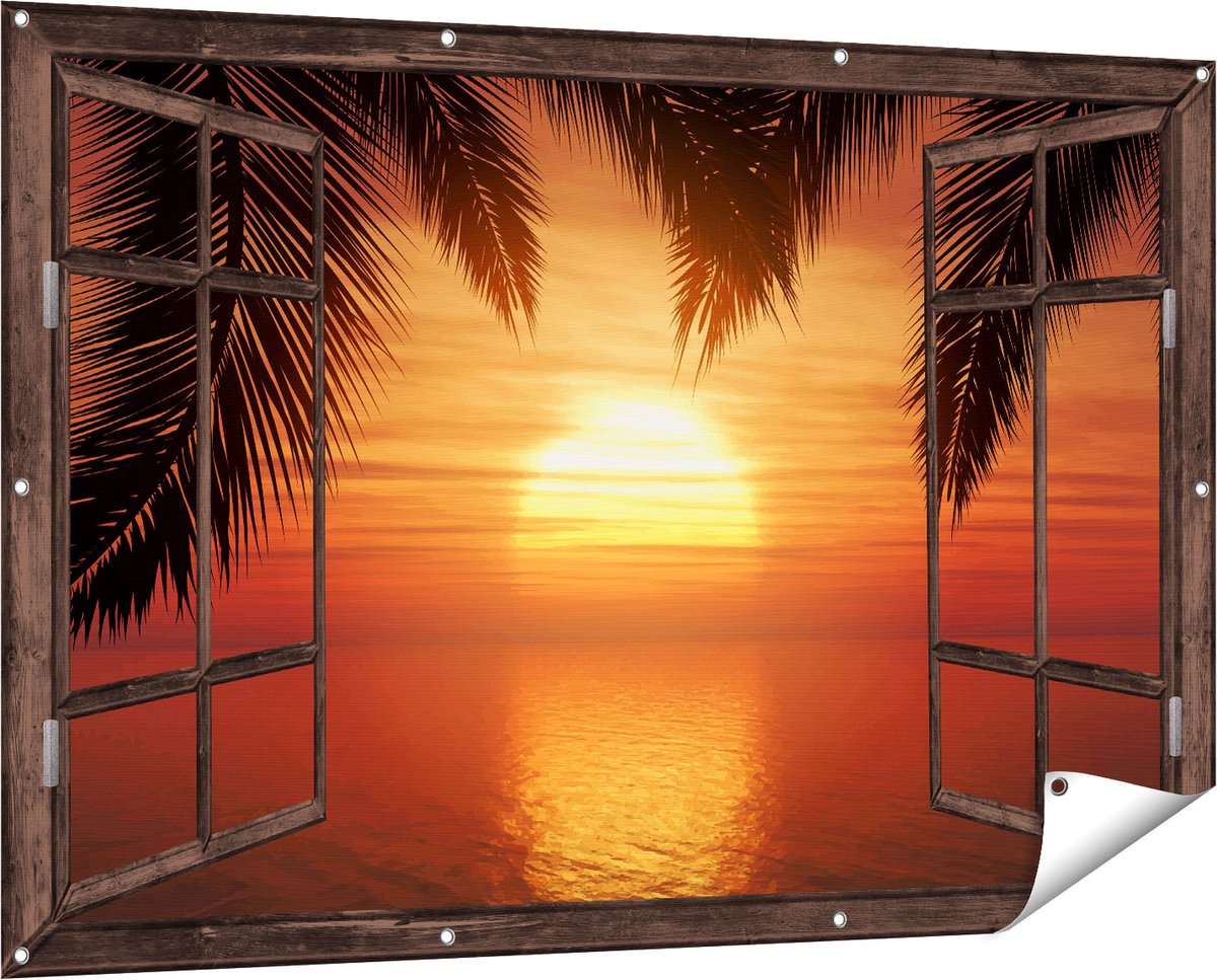 Gards Tuinposter Doorkijk Zonsondergang op het Strand met Palmbomen - 150x100 cm - Tuindoek - Tuindecoratie - Wanddecoratie buiten - Tuinschilderij Donker bruin