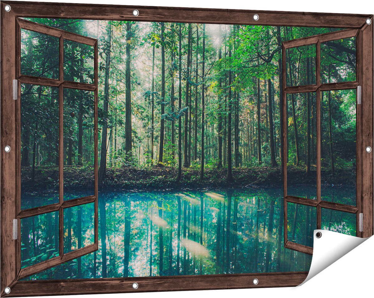 Gards Tuinposter Doorkijk Bos bij een Groen Meer - 120x80 cm - Tuindoek - Tuindecoratie - Wanddecoratie buiten - Tuinschilderij