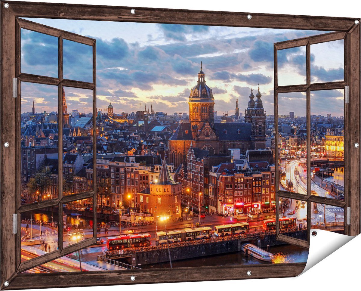 Gards Tuinposter Doorkijk Amsterdam Centrum Luchtfoto Zonsondergang - 150x100 cm - Tuindoek - Tuindecoratie - Wanddecoratie buiten - Tuinschilderij Donker bruin