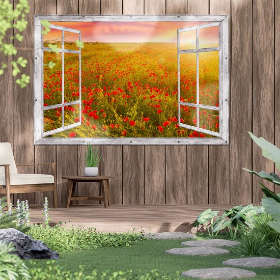 Poster Wallario Illusion Fenêtre - Coquelicot Prairie Coucher De Soleil - Noir