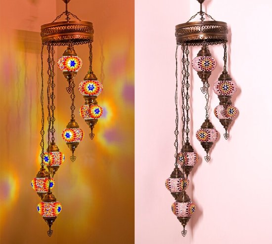 Turkse Lamp -  Hanglamp - Mozaïek Lamp - Marokkaanse Lamp - Oosters Lamp - Authentiek - Handgemaakt- Kroonluchter- Multi Kleur - 7 bollen