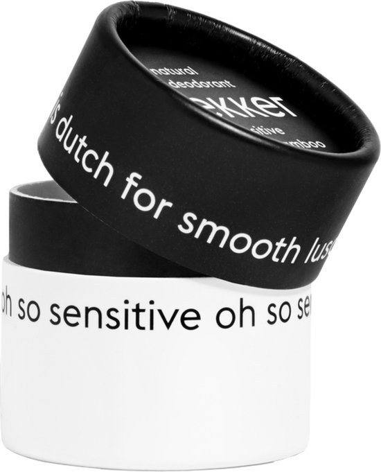 Zwarte en witte ronde verpakking voor "the Lekker company" natuurlijke deodorant, met de tekst "dutch for smooth luscious".