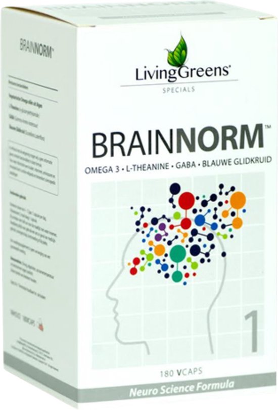 Livinggreens Brainnorm 60 capsules, L-theanine, Gaba, Omega 3,blauw glidkruid, focus,concentratie