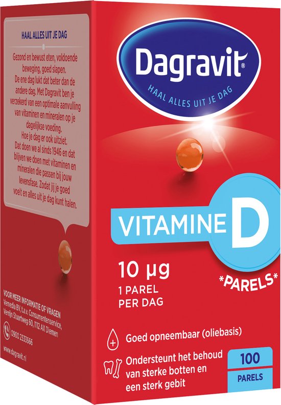 Dagravit Vitamine D 10µg parels - Ondersteunt het behoud van sterke botten en een sterk gebit - Goed opneembaar door de oliebasis - 100 parels