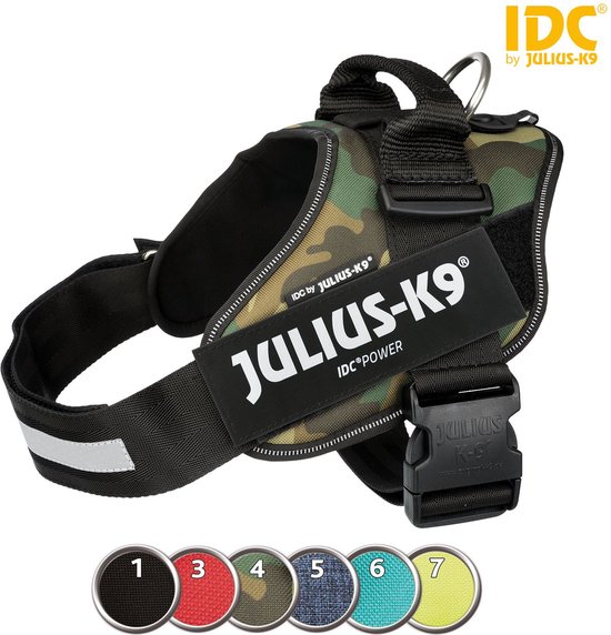 Hondentuig met camouflagepatroon, zwart gevoerd, met "JULIUS-K9 IDC POWER" logo. Kleurenkaart met 7 opties.