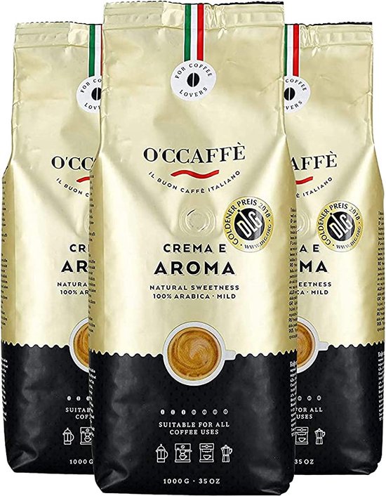 O'ccaffè - Crema e Aroma Premium Italiaanse koffiebonen 100% Arabica | 3 x 1 kg | Barista kwaliteit