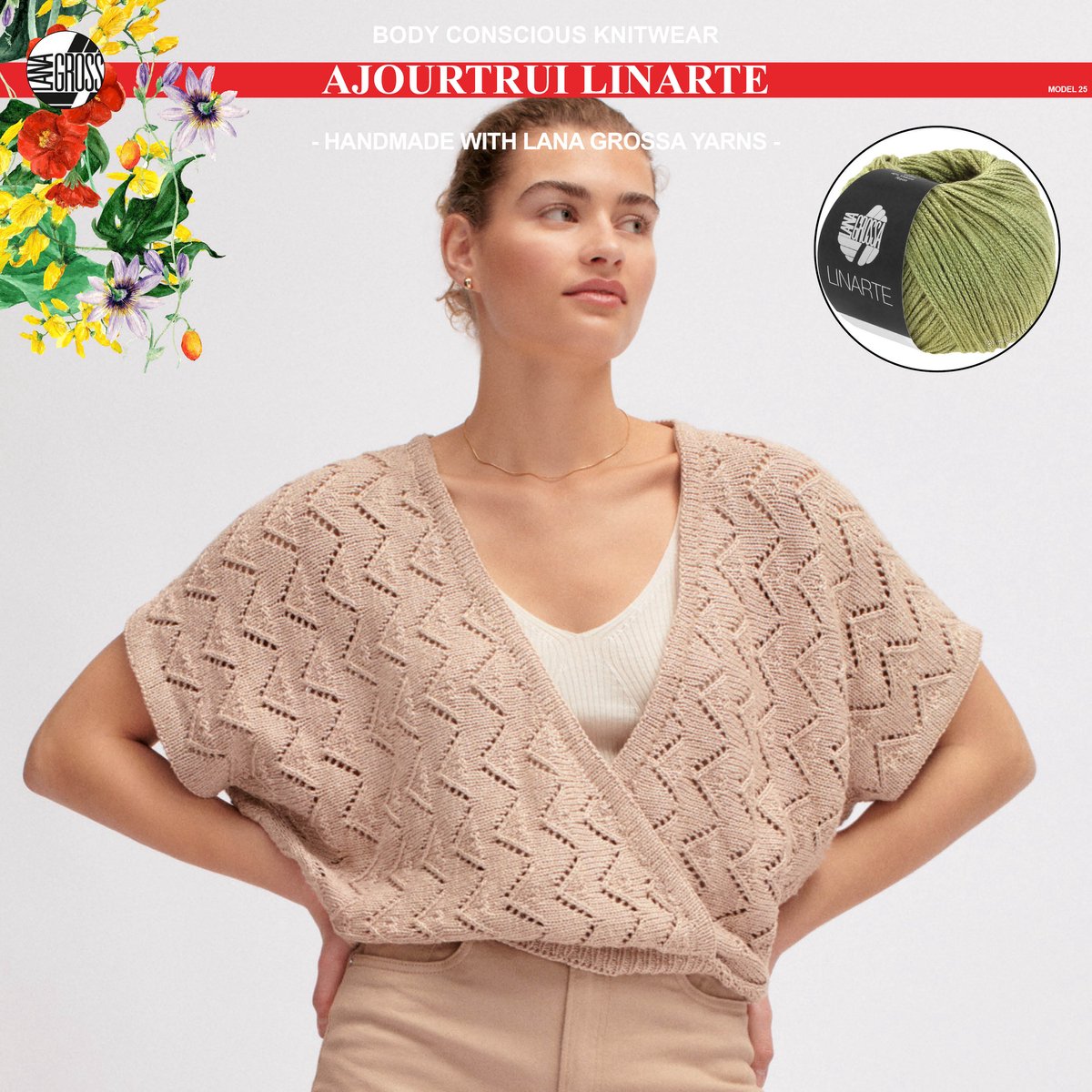 Breipakket ajourtrui mt. 36/38 met Linarte-garen model 25 van Lana Grossa Classici nr. 24-kleur olijf