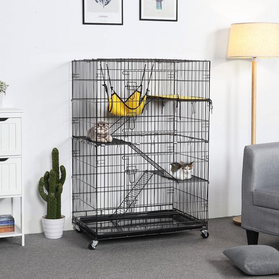 Kattenkooi met dubbele deur, rattenkooi met 3 niveaus, afneembare kooi voor kleine dieren, 123 x 80 x 55 cm, zwart HMTM-BC-10036-BLACK