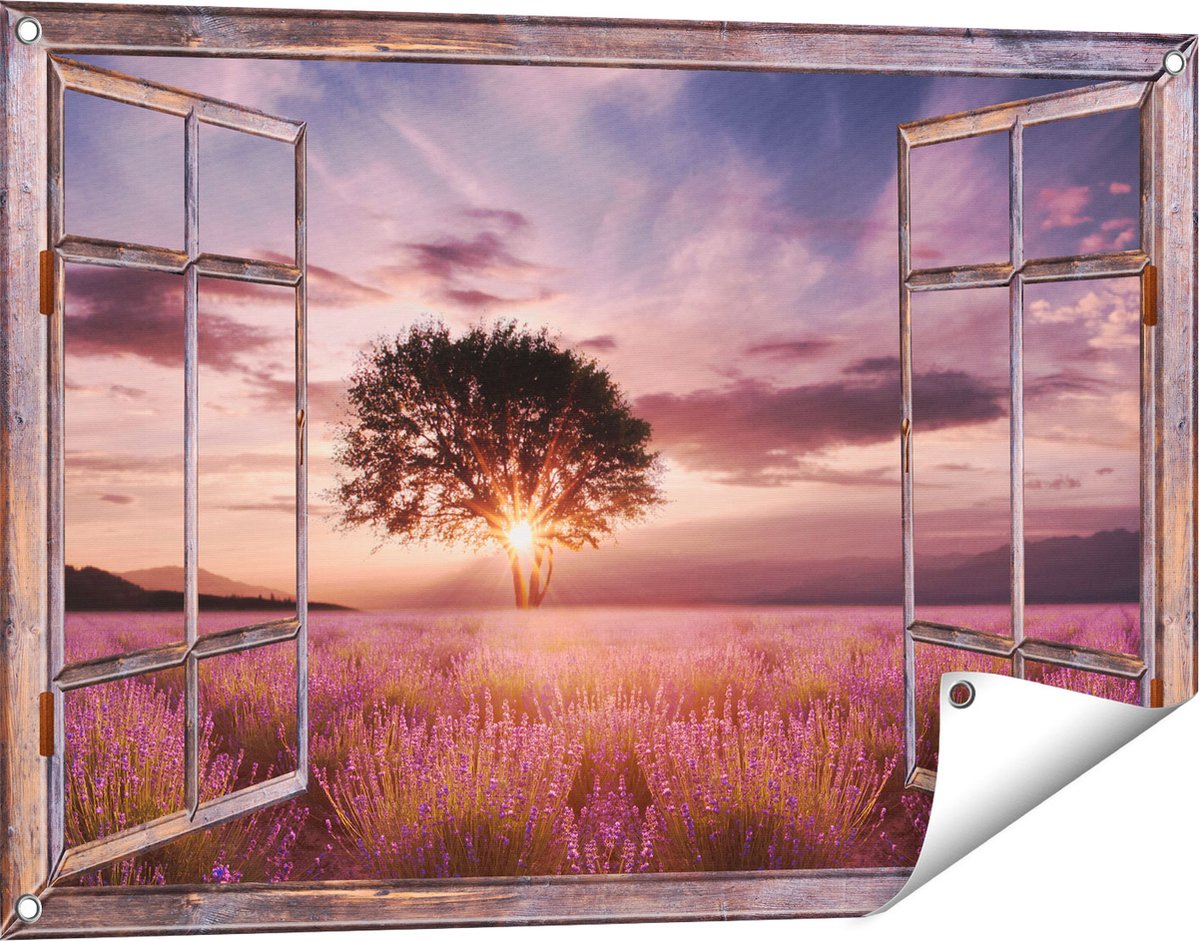 Gards Tuinposter Doorkijk Bloemenveld met Lavendel bij Zonsondergang - 90x60 cm - Tuindoek - Tuindecoratie - Wanddecoratie buiten - Tuinschilderij