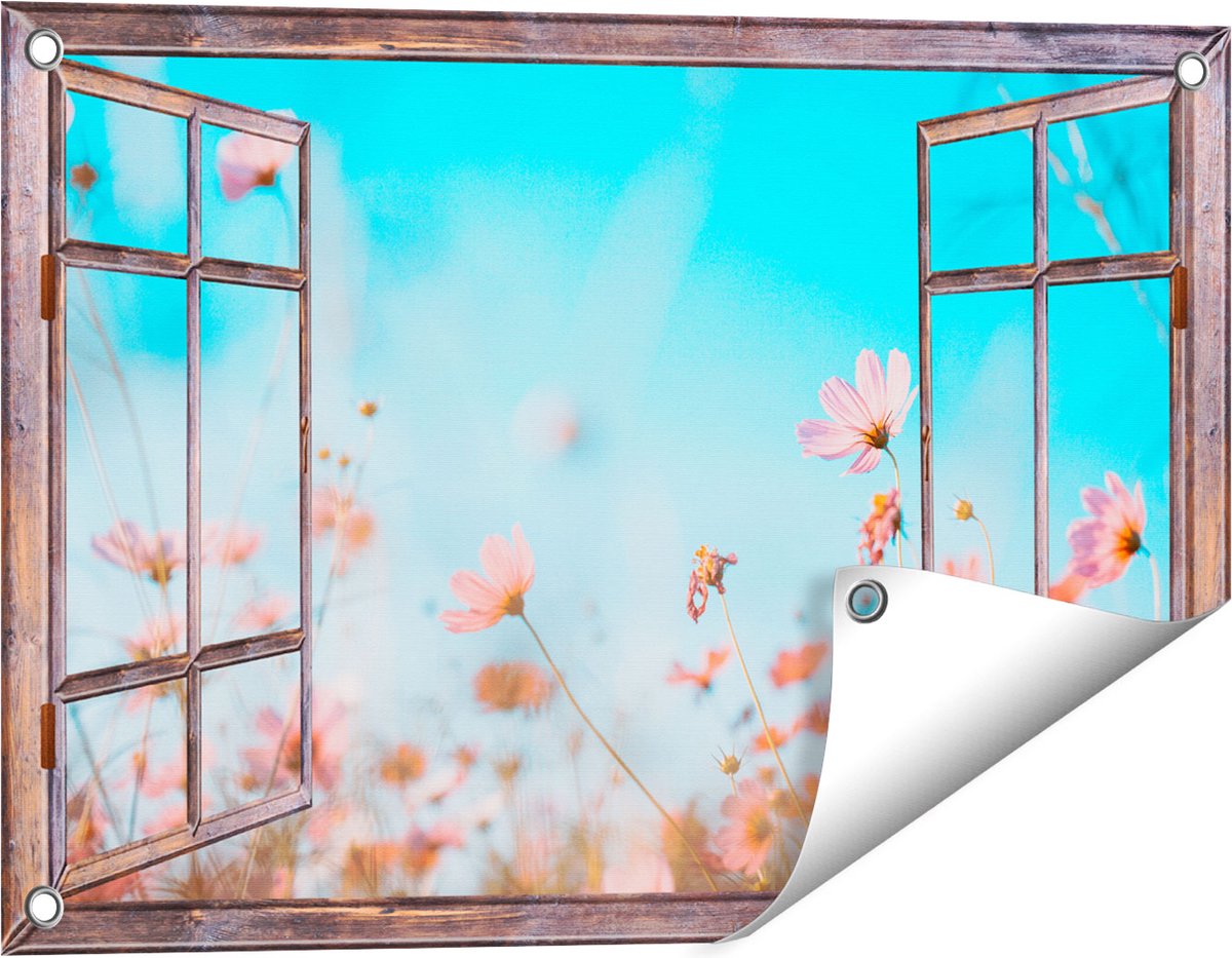 Gards Tuinposter Doorkijk Paarse Kosmos Bloemen - 60x40 cm - Tuindoek - Tuindecoratie - Wanddecoratie buiten - Tuinschilderij