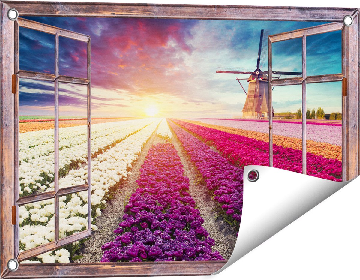 Gards Tuinposter Doorkijk Kleurrijke Tulpen Bloemenveld - Windmolen - 60x40 cm - Tuindoek - Tuindecoratie - Wanddecoratie buiten - Tuinschilderij