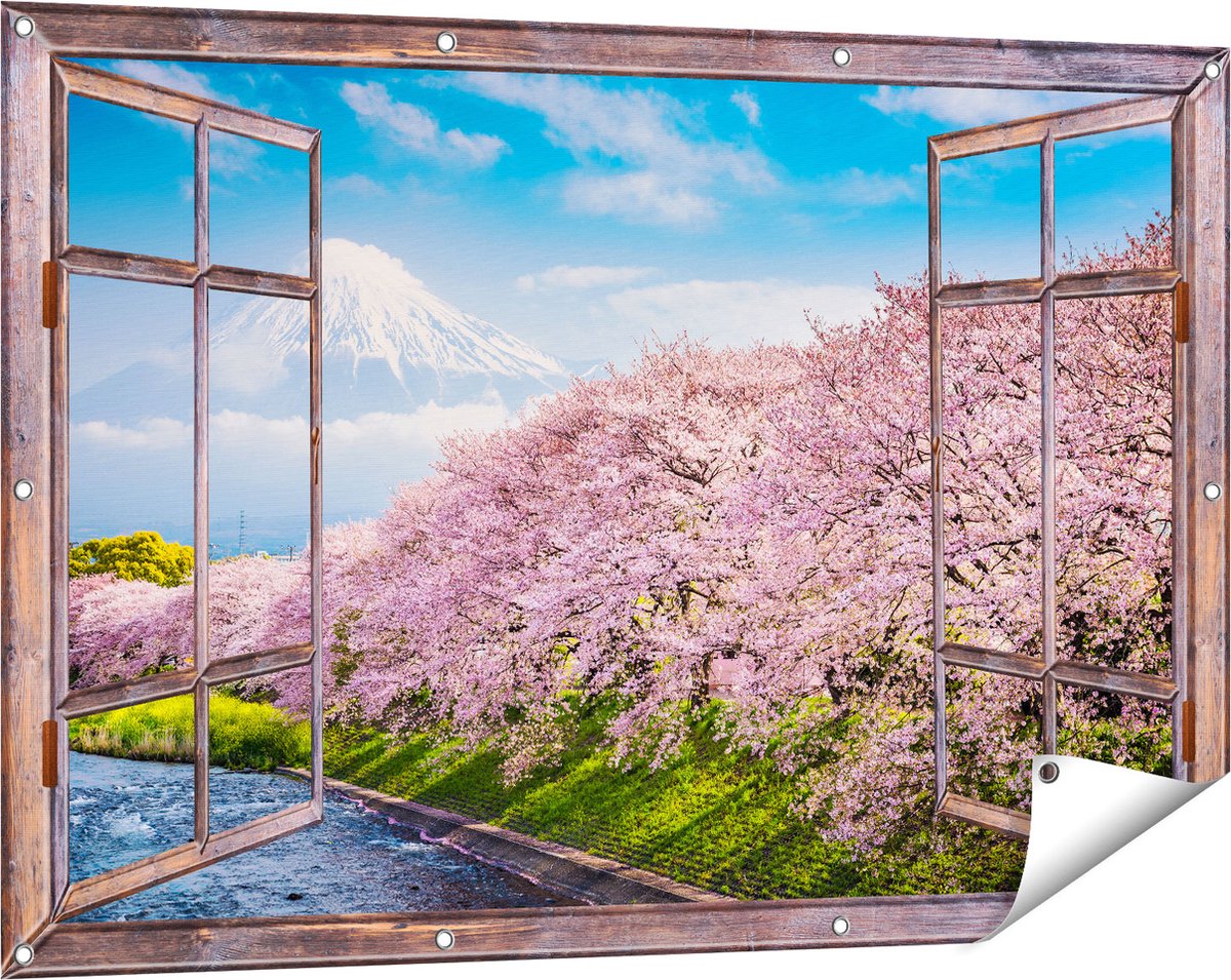 Gards Tuinposter Doorkijk Roze Bloesembomen bij de Fuji Berg - 120x80 cm - Tuindoek - Tuindecoratie - Wanddecoratie buiten - Tuinschilderij Bruin