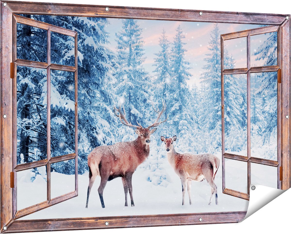 Gards Tuinposter Doorkijk Twee Herten in het Bos met Sneeuw - 150x100 cm - Tuindoek - Tuindecoratie - Wanddecoratie buiten - Tuinschilderij Bruin