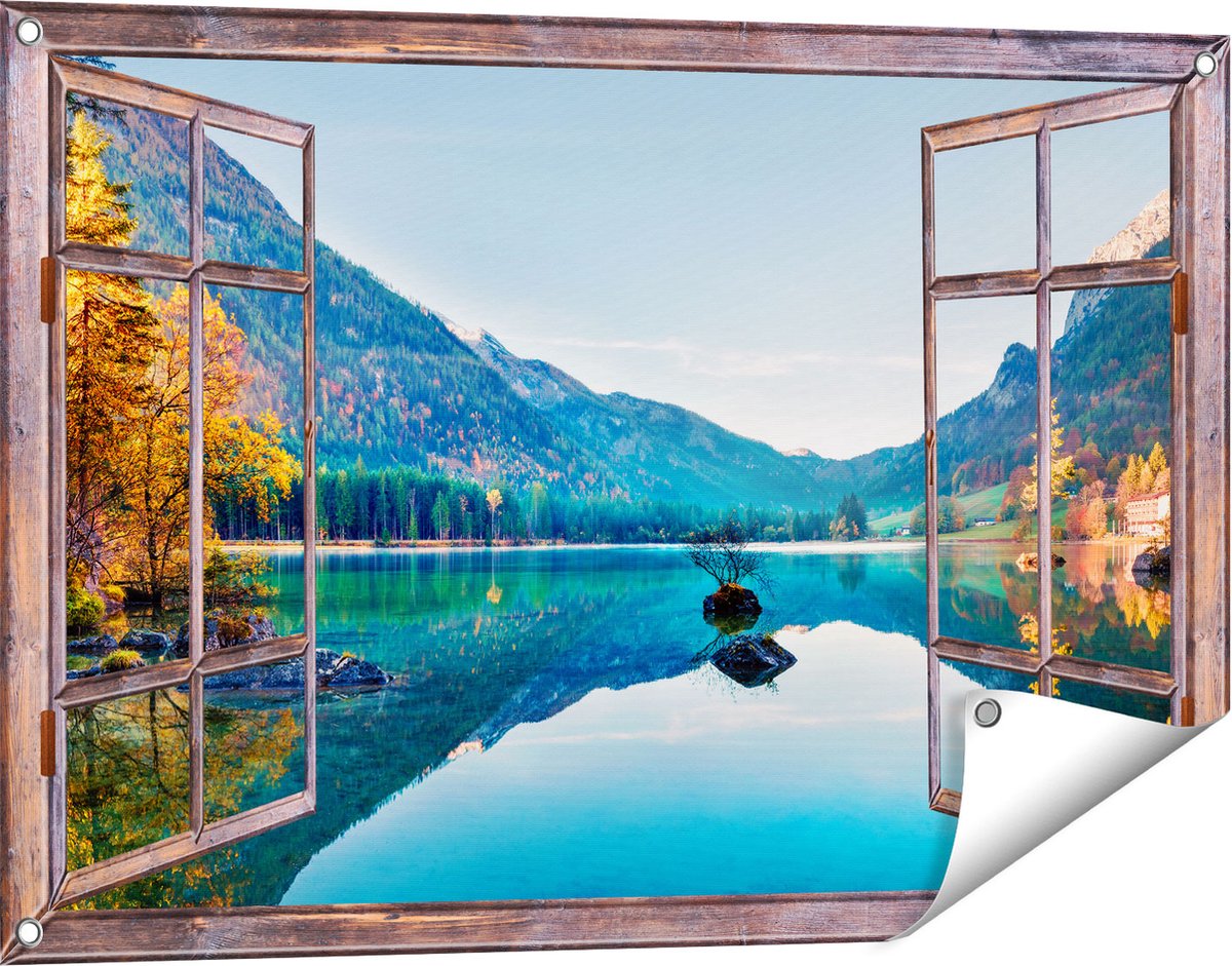 Gards Tuinposter Doorkijk Meer met Herfstbomen - 90x60 cm - Tuindoek - Tuindecoratie - Wanddecoratie buiten - Tuinschilderij Bruin