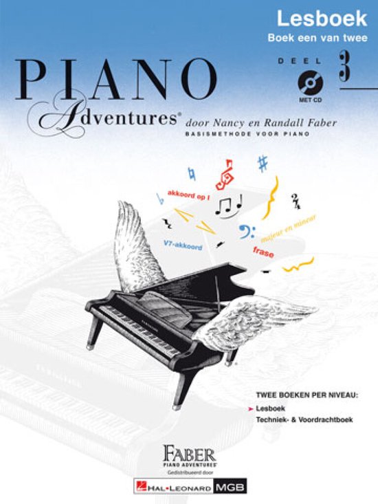Livre de piano 'Piano Adventures Lesboek 3' avec un piano à queue ailé, des notes de musique et les textes 'akkoord op I, V7-akkoord, majeur en mincar, frase'.