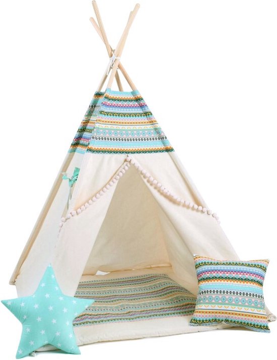 Tipi Tent voor kinderen - Speeltent - Azteca - veelkleurig - 160 x 110 x 110 cm - met vloerkleed en 2 kussens - Wigwam