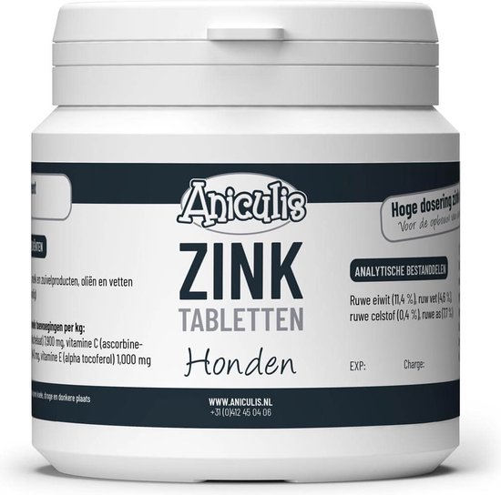 Pot Aniculis Zink Tabletten voor honden, met etiket waarop ingrediënten en gebruik staan vermeld.