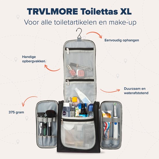 TRVLMORE Toilettas XL - Hangend met Haak - Zwart