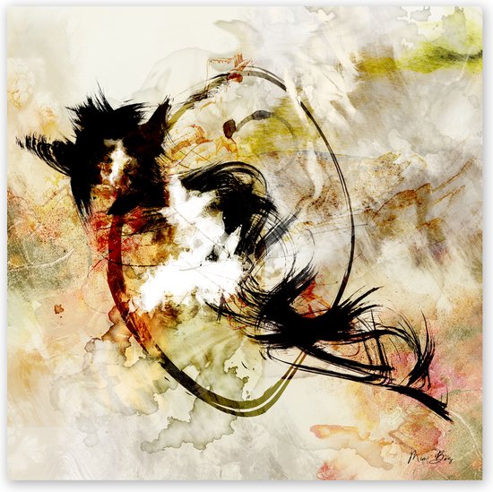 Tuinposter - Reproduktie / Kunstwerk / Kunst / Abstract / - Wit / zwart / bruin / beige / creme - 80 x 80 cm.