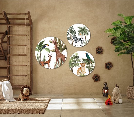 Muurcirkel / Wandcirkel dieren jungle thema middel - set van 3 muurcirkels - Decoratie kinderkamer / babykamer jongens & meisjes