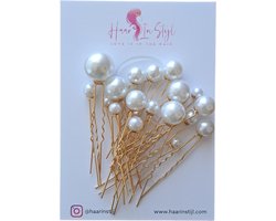 Haar in Stijl® Lulu Serie - set van 18 gouden haarpinnen met parels in verschillende formaten | Haarversiering haaraccessoires voor dames vrouwen bruid bruidsmode bruiloft feest | Haarsteek haarpin haarschuifje parel