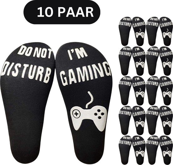 10x Game sokken zwart - met witte antislip opdruk "Do not disturb, I'm gaming" - Cadeau voor gamers - 10 paar sokken