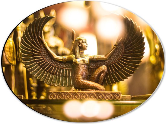 Dibond Ovaal - Gouden Egyptisch Isis Beeldje - 40x30 cm Foto op Ovaal (Met Ophangsysteem)