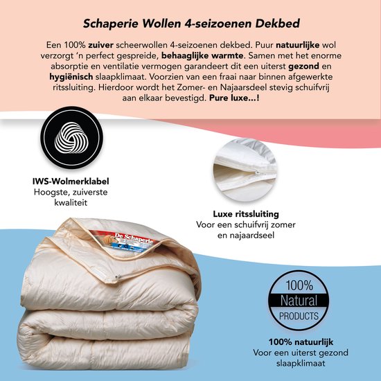 De Schaperie - Luxe 4-Seizoenen 100% IWS Zuiver Scheer wollen Dekbed met Rits - All-Season - 240x220 cm (extra lang) van De Schaperie — afbeelding 2
